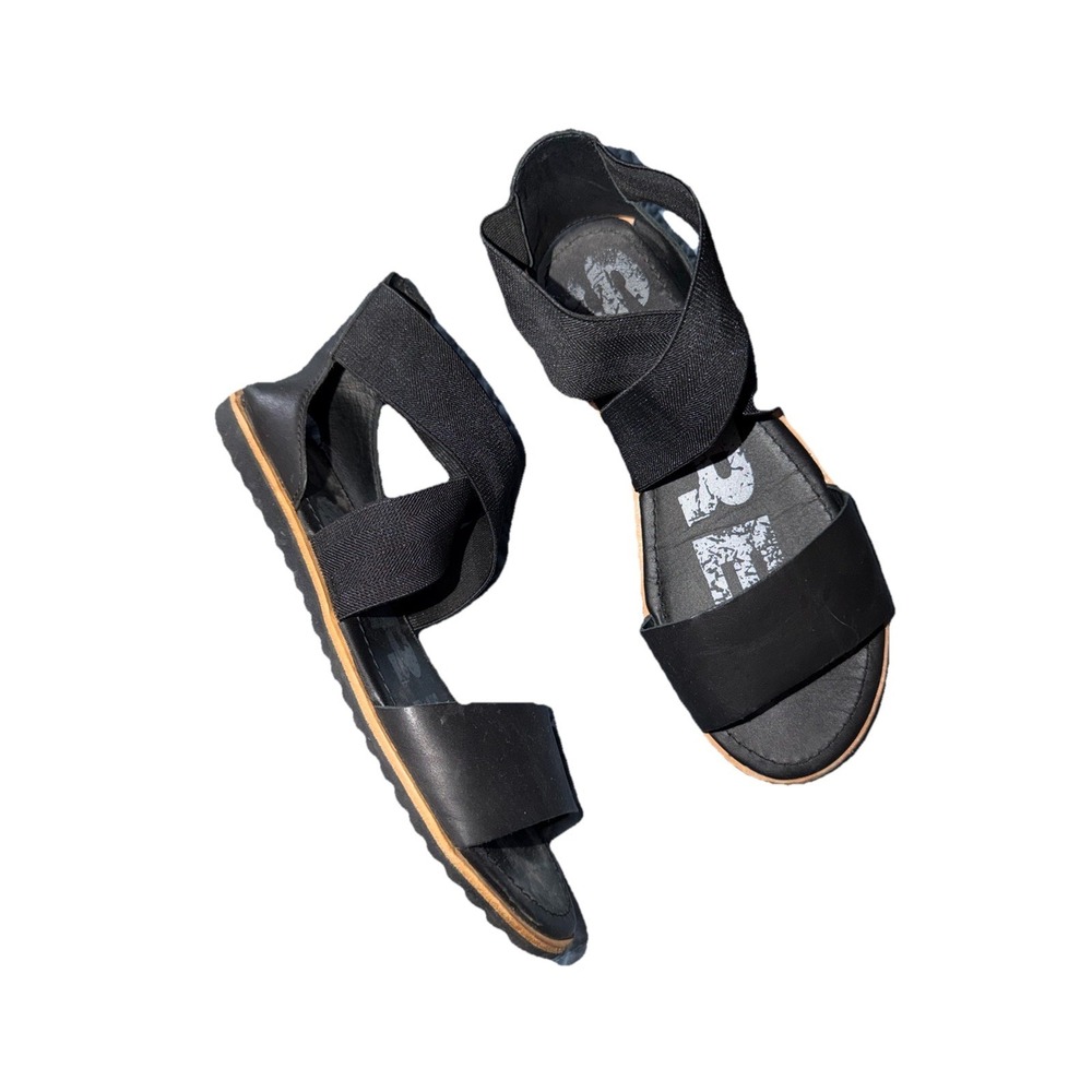 Sorel Womens Med Ella Sandal Cross Ankle Strap Flat Black NL2893-010 Leather 6.5